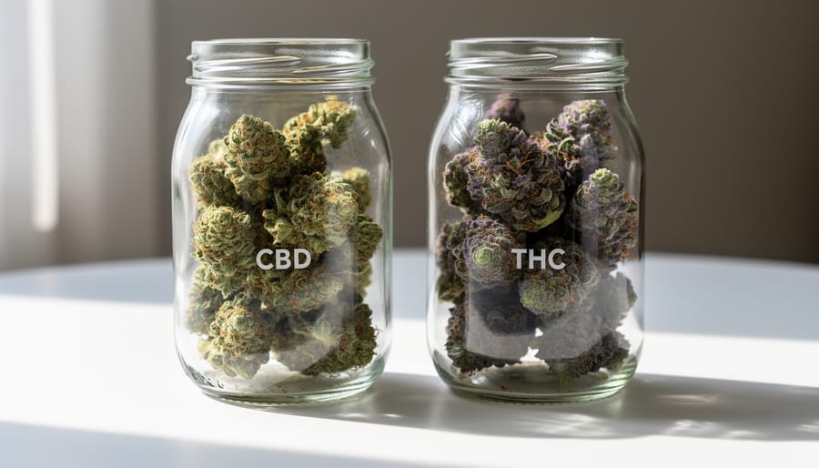 Glass jars containing pale CBD-leaning hemp flowers and darker THC-leaning cannabis buds on a tabletop.