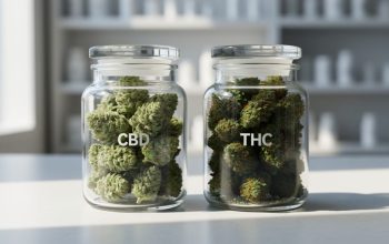 Close-up of hemp buds in two glass jars on a countertop, depicting lighter green CBD-leaning buds and darker green THC-leaning buds with amber trichome highlights.