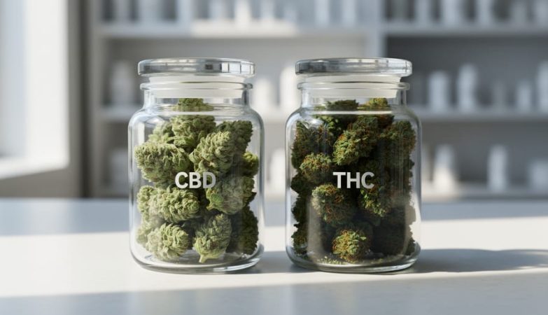Close-up of hemp buds in two glass jars on a countertop, depicting lighter green CBD-leaning buds and darker green THC-leaning buds with amber trichome highlights.