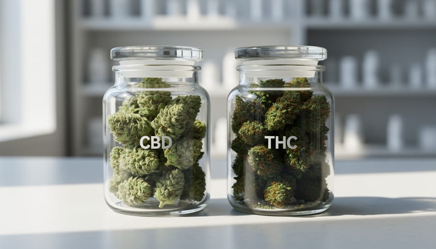 Close-up of hemp buds in two glass jars on a countertop, depicting lighter green CBD-leaning buds and darker green THC-leaning buds with amber trichome highlights.