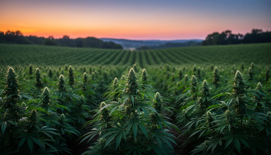 Hemp plants growing in neat rows outdoors with dusk lighting and a distant treeline.