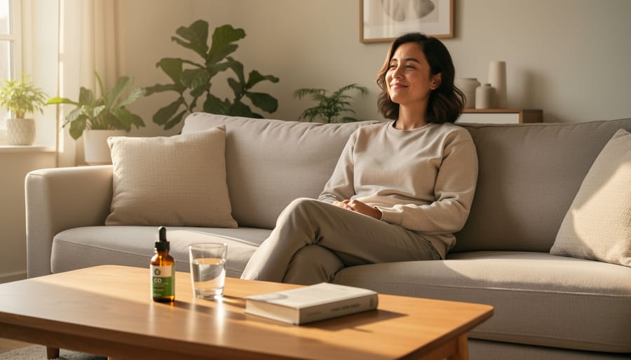 Relaxed person holding a warm mug on a couch in soft evening light.